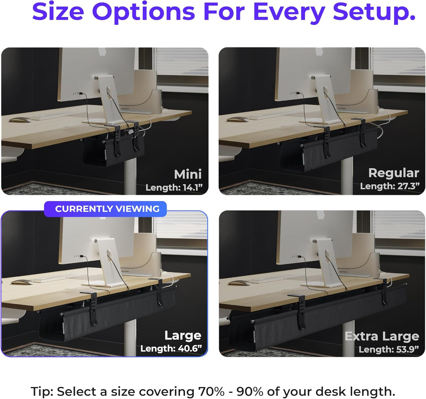 Ascrono Original No Drill Under Desk Cable Management Tray 27.3" - Premium White Fabric Cable Management Under Desk - Clamp/Screw Mount Cord Organizer - Supports Upto 66lbs