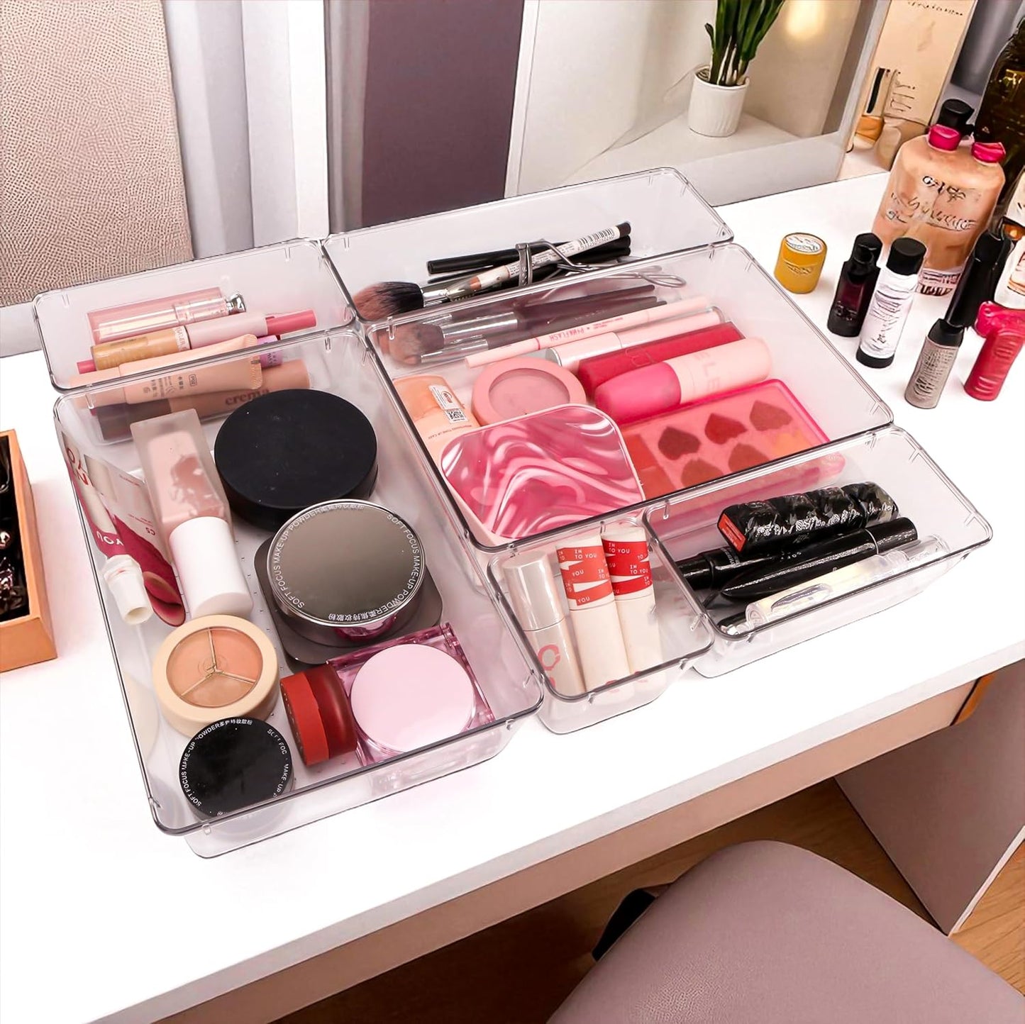 25 PCS Clear Plastic Drawer Organizers Set – Non-Slip Bin Set with Adhesive Dots, Versatile Acrylic Trays for Makeup, Jewelry, Vanity, Kitchen Gadget or Office Desk, Bathroom Stable Storage Container