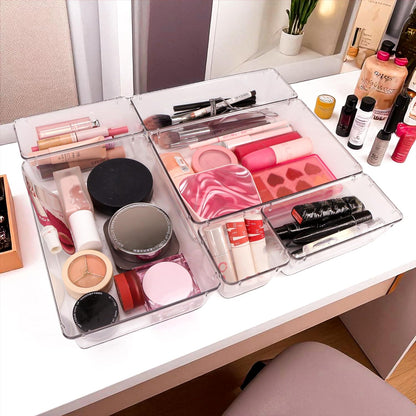 25 PCS Clear Plastic Drawer Organizers Set – Non-Slip Bin Set with Adhesive Dots, Versatile Acrylic Trays for Makeup, Jewelry, Vanity, Kitchen Gadget or Office Desk, Bathroom Stable Storage Container
