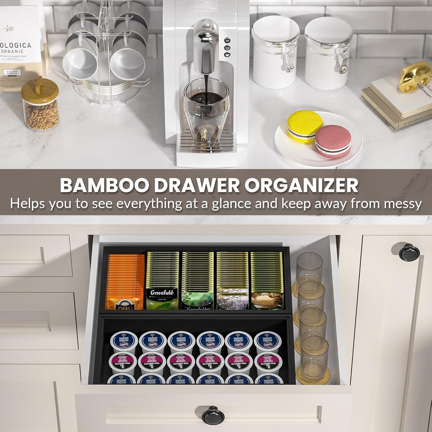 Kitchen Drawer Organizer Bins, Stackable Bamboo Drawer Organizer for Silverware, Flatware, Coffee Pod Organizer K Cup Holder for Countertop, 2 Pcs Coffee Station Organizer 12" x 6" x 2.5"