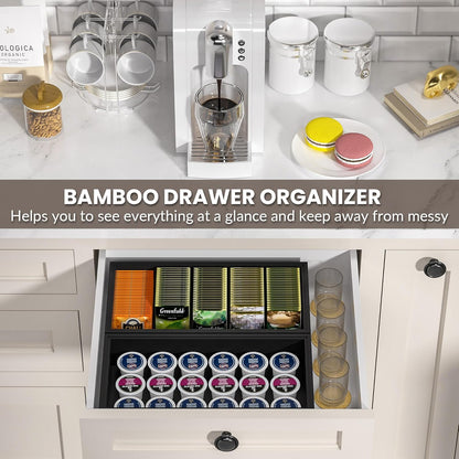Kitchen Drawer Organizer Bins, Stackable Bamboo Drawer Organizer for Silverware, Flatware, Coffee Pod Organizer K Cup Holder for Countertop, 2 Pcs Coffee Station Organizer 12" x 6" x 2.5"