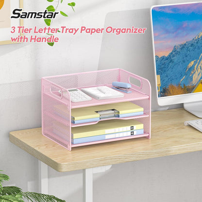 Samstar 3 Tier Letter Tray Paper Organizer with Handle, Mesh Desk Organizer Paper Sorter File Rack Shelves, Black
