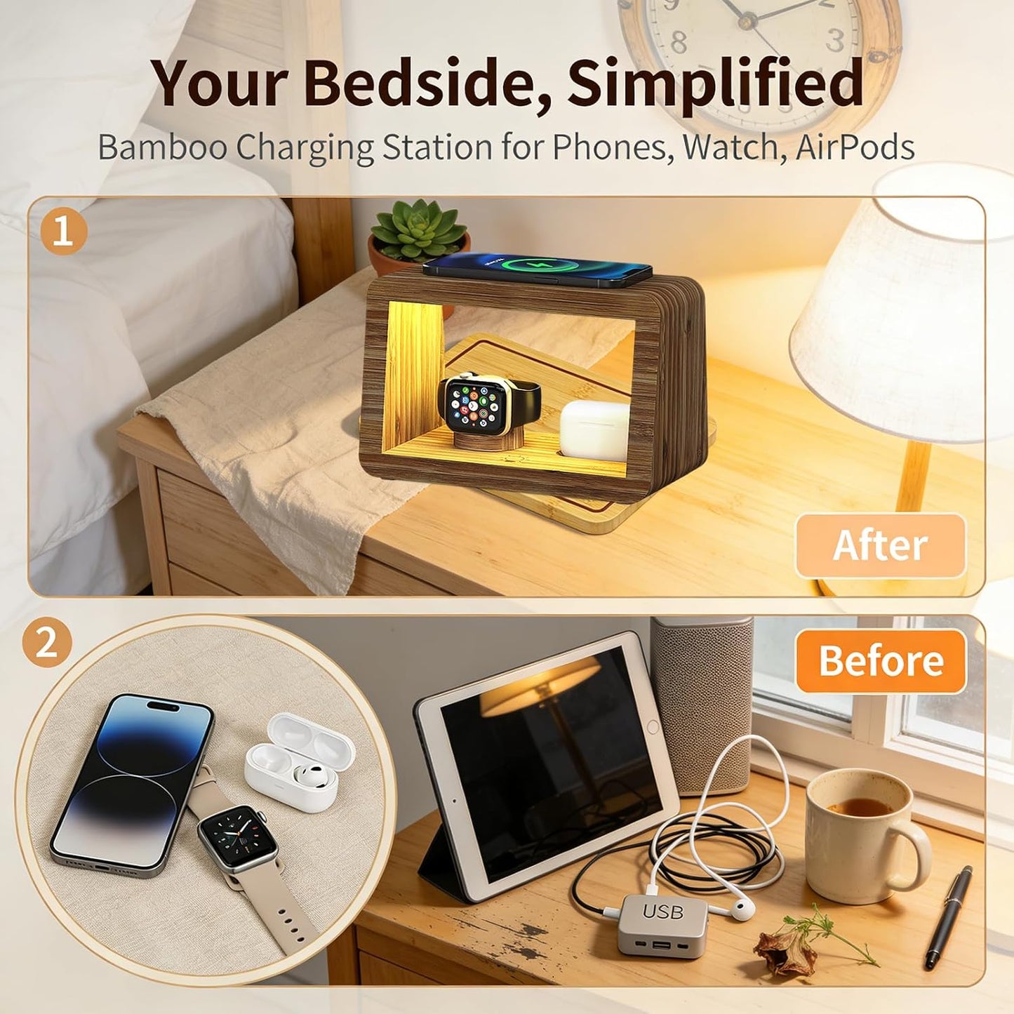 4 in 1 Bamboo Charging Station for Multiple Devices, 15W Fast Wireless Charger with Stepless Dimmable Night Light, Wood Style Dock Compatible with iPhone/iWatch/AirPods