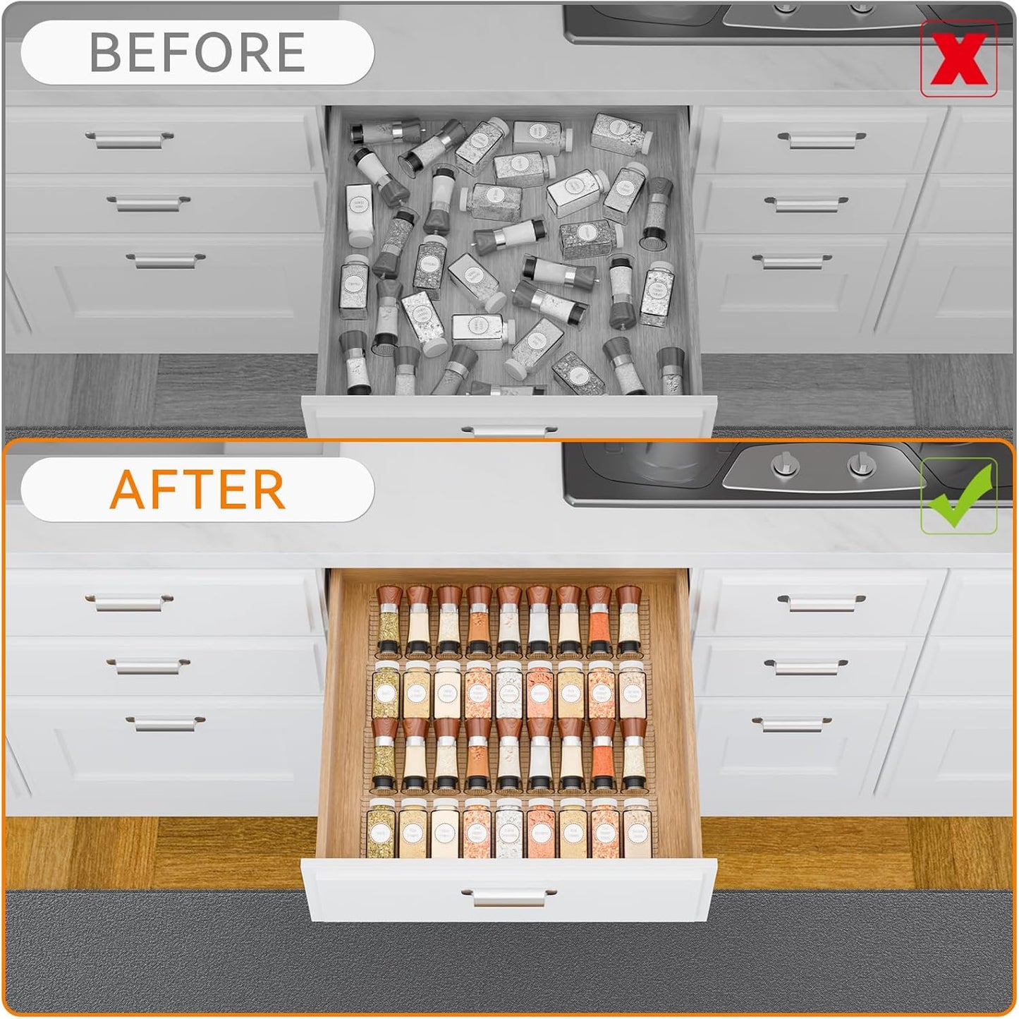 Yieach 8 Pack Adjustable In Drawer Spice Organizer - Expandable From 11'' to 22'' - Acrylic Drawer Seasoning Organizer,Clear Spice Organization Tray for Cabinet Drawers Condiment,Nail Polish and Jar