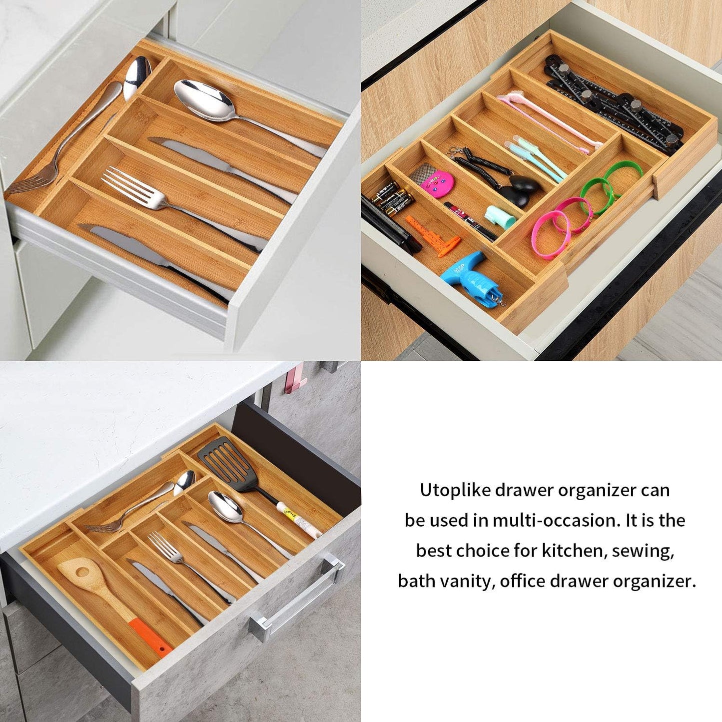 Utoplike Bamboo Expandable Kitchen Drawer Organizer, Adjustable Utensil Holder and Cutlery Tray Organiser, Drawer Divider for Silverware, Flatware, Knives in Kitchen, Bedroom, Living Room, 5 Slot