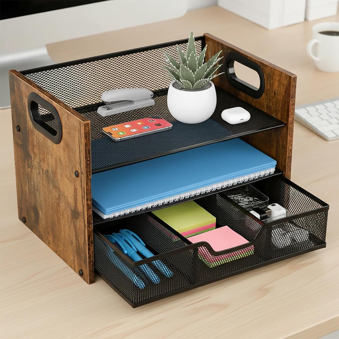 Wood Desk Organizer - 3-Tier Desktop File Organizer with Drawer, Wooden Paper Tray, Office Desk Organzier and Accessories for Papers, Mail, Notebooks, Stationery