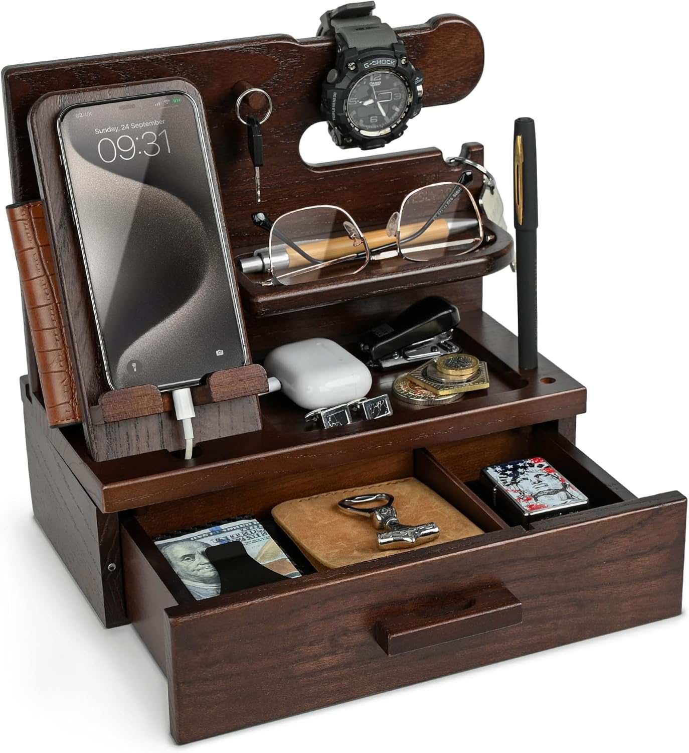 TESLYAR Wood Phone Docking Station with Drawer - Nightstand Organizer - Desk Organizer for Husband - Birthday Gifts for Men, Dad, Anniversary Idea, Key Holder Stand Watch & Accessories (Antique Brown)