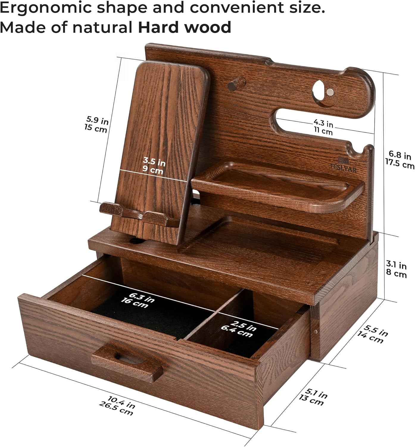 TESLYAR Wood Phone Docking Station with Drawer - Nightstand Organizer - Desk Organizer for Husband - Birthday Gifts for Men, Dad, Anniversary Idea, Key Holder Stand Watch & Accessories (Antique Brown)
