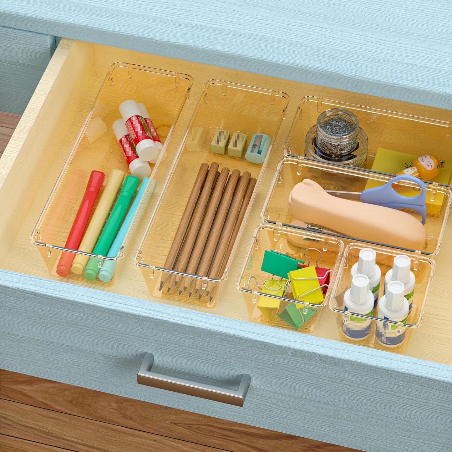 WOWBOX 6 Pack Clear Drawer Organizer Set, Acrylic Drawer Storage Trays, Storage Bins for Makeup, Cosmetics, Jewelries, Utensils, Gadgets, Office