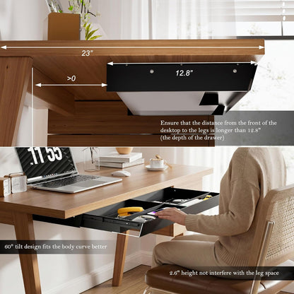 Under Desk Drawer 28.3" Wide, 60° Ergonomic Tilt Organizer with Multi-Compartment – Ball Bearing Slides, Fully Assembled, Under Desk Storage for Home Office Supplies