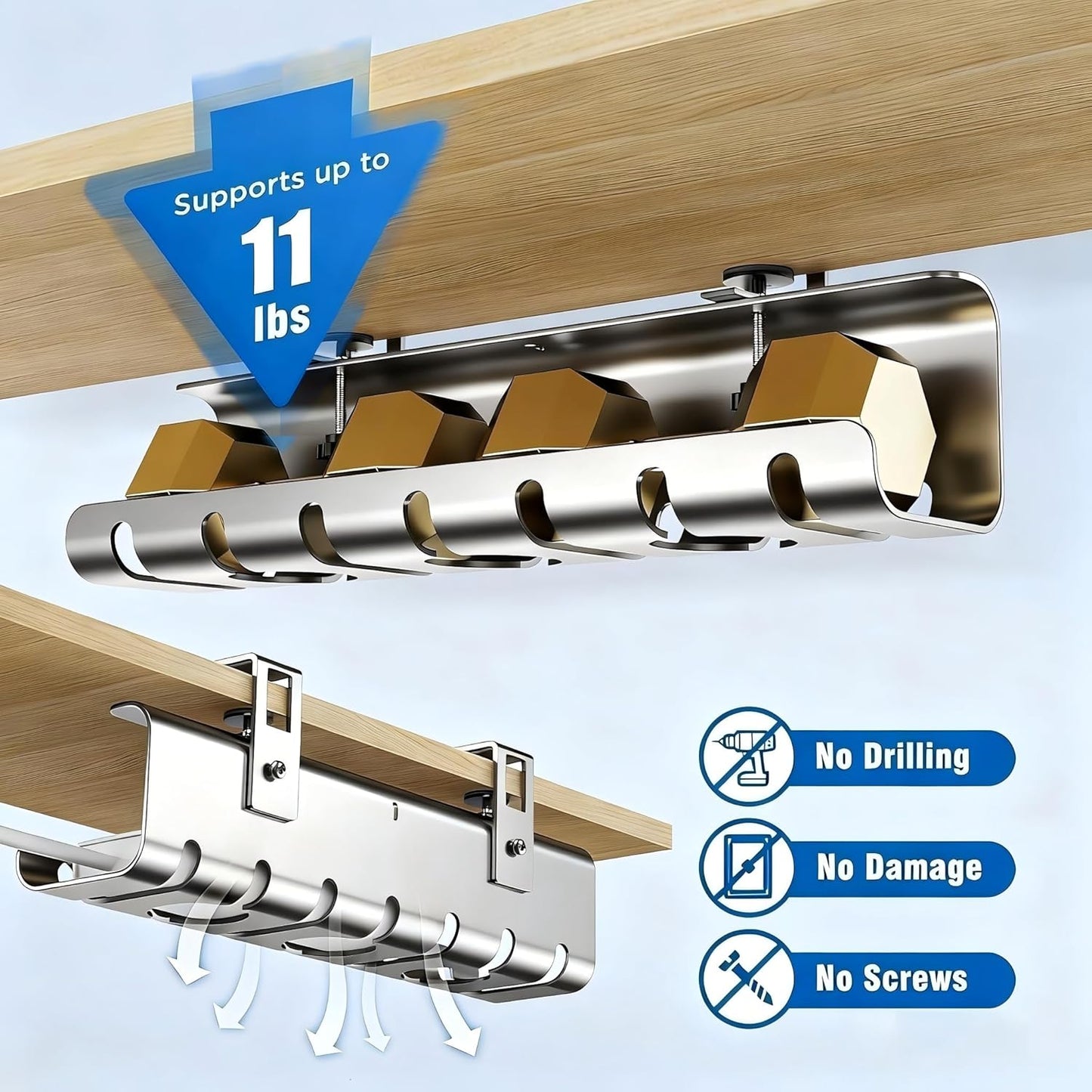 2 Pack No-Drill Under Desk Cable Management Tray 33.8 inch Large Wire Cord Organizers, Cable Management Under Desk for Home and Office No Damage Black