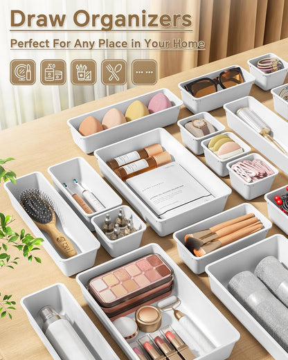 KEMETHY 25 PCS Plastic Drawer Organizers Set, 4 Sizes Vanity Organizer, Makeup and Desk Drawer Organizer Trays, Organization and Storage for Makeup, Bathroom, Kitchen Utensils and Office (Black)