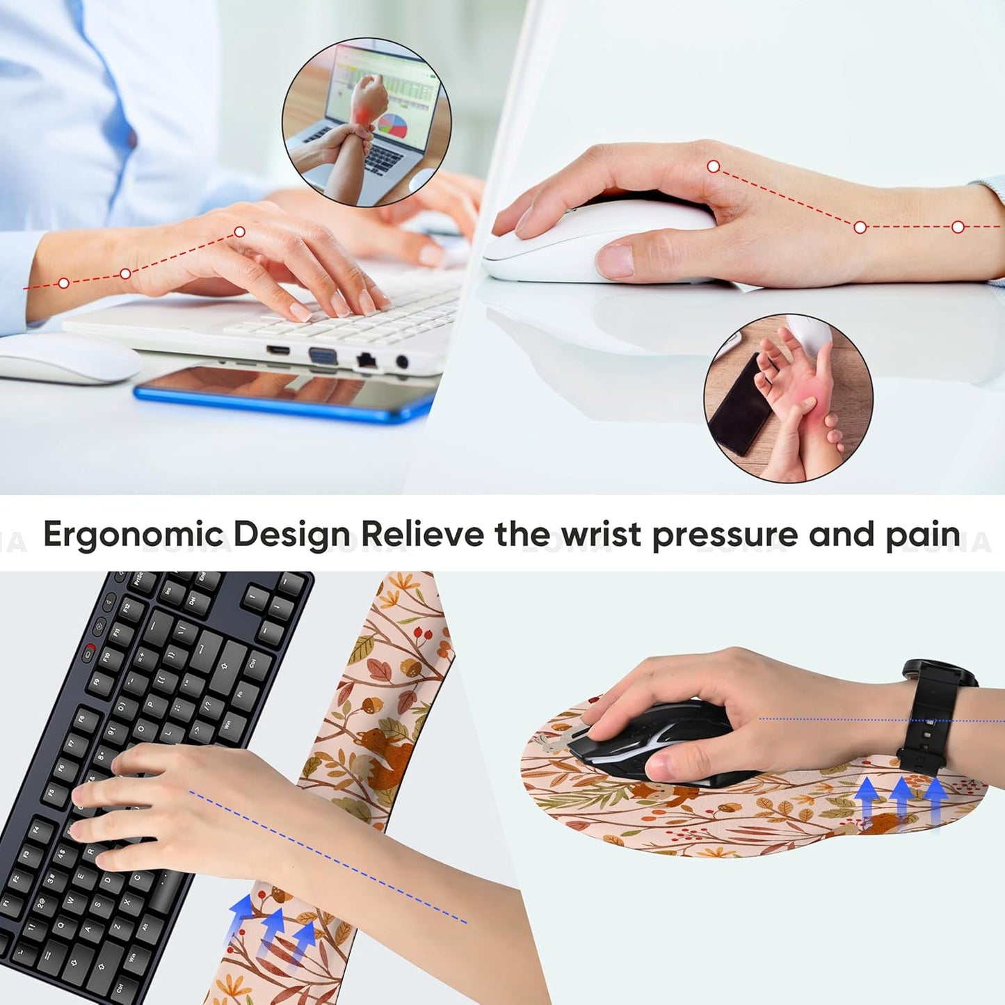 Ergonomic Keyboard Mouse Pad Wrist Rest Support Set for Laptop/Computer/Desktop,Memory Foam Hand Rest Wrist Cushion for Gaming/Office,Lightweight Comfortable & Pain Relief (Flowers)
