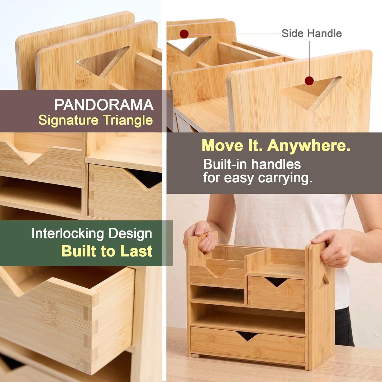 Pandorama Bamboo Desk Organizer Large - A4 Drawers & Adjustable File Holder, Fully Assembled Wood Desktop Storage for Kitchen, Bedroom, Bathroom, Study Room