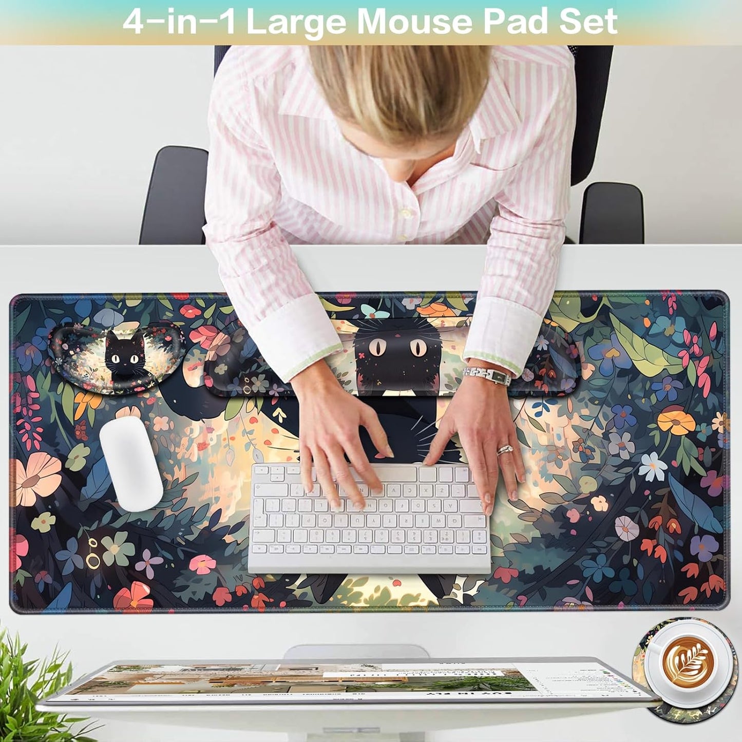Desk Mat, Large Gaming Mouse Pad with Wrist Rest, 4in1 XXL Mousepad+Keyboard Wrist Rest+Mouse Pad Wrist Support+Cup Coaster Set Ergonomic Floral Computer Desk Arm Wrist for Decor Home Office Women