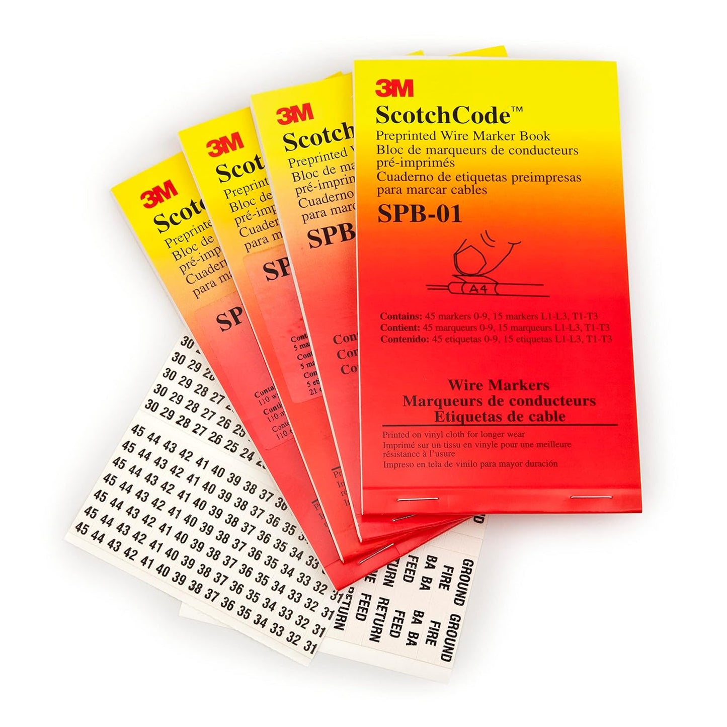 3M ScotchCode Pre-Printed Wire Marker Book SPB-03, Vinyl Coated, Black Printed Numbers (10) each 1–45, White Background Highlights Characters, 1 Book