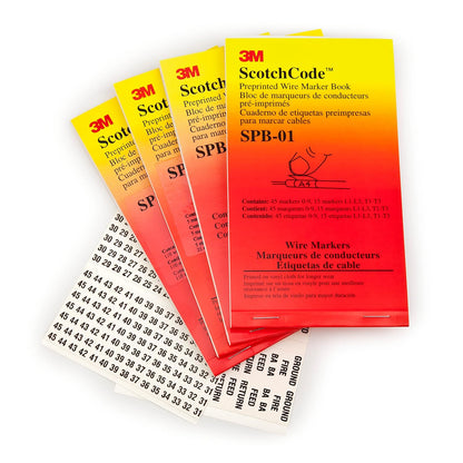 3M ScotchCode Pre-Printed Wire Marker Book SPB-03, Vinyl Coated, Black Printed Numbers (10) each 1–45, White Background Highlights Characters, 1 Book