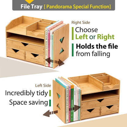 Pandorama Bamboo Desk Organizer Large - A4 Drawers & Adjustable File Holder, Fully Assembled Wood Desktop Storage for Kitchen, Bedroom, Bathroom, Study Room