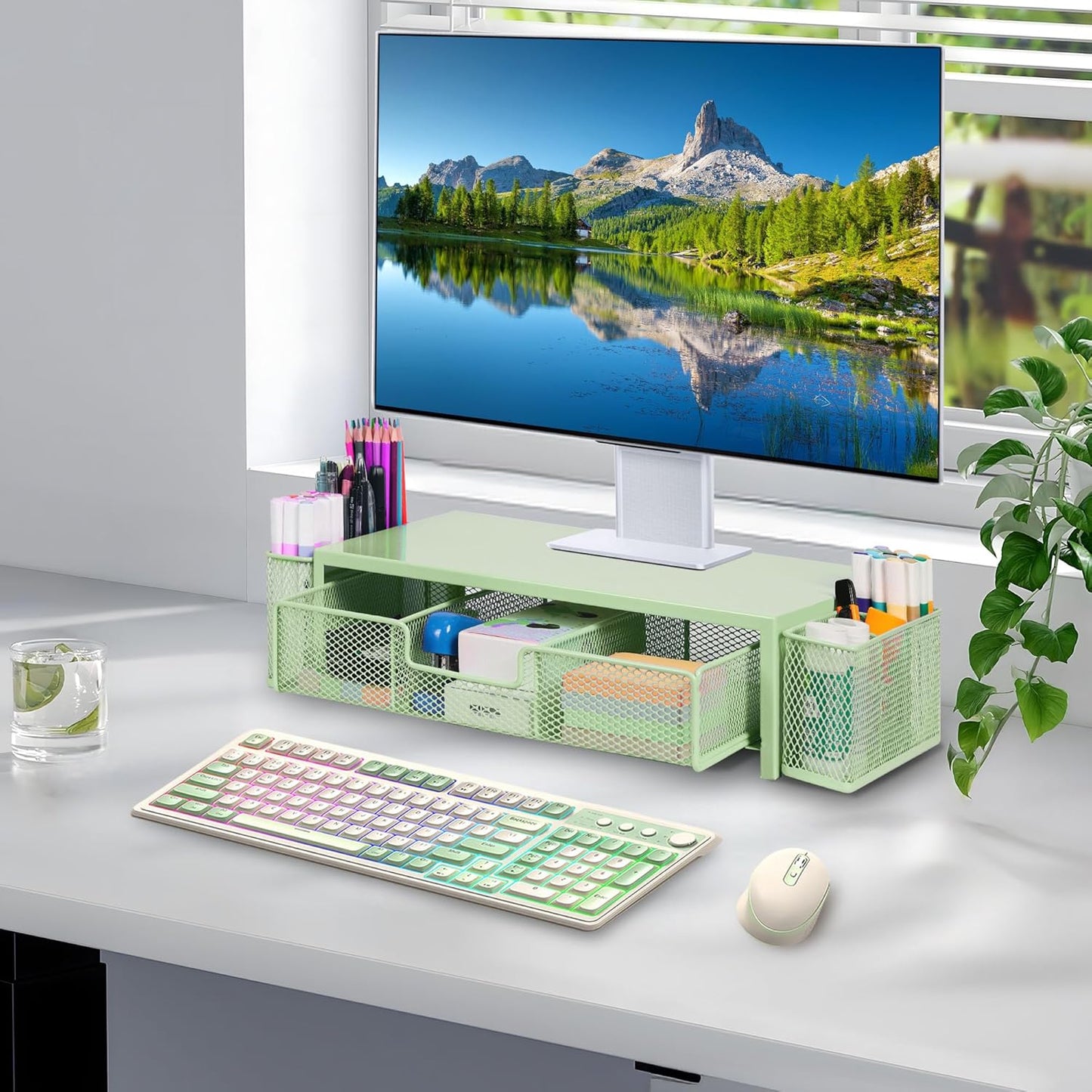 Qupui Computer Monitor Stand Riser with Drawer and Pen Holders, Desk Organizer Shelf and Accessories, Office Desk Accessories, Office Organization, Black