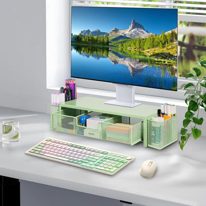 Qupui Computer Monitor Stand Riser with Drawer and Pen Holders, Desk Organizer Shelf and Accessories, Office Desk Accessories, Office Organization, Black