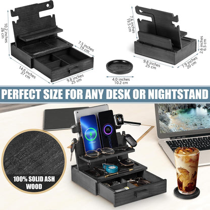 Black Wood Phone Docking Station for up to 3 Phones - Nightstand Organizer with Drawer for Valuables for Men & Women, Compatible With Apple Watch, Holds Phones, Tablets, Keys, Rings, Glasses, EDC