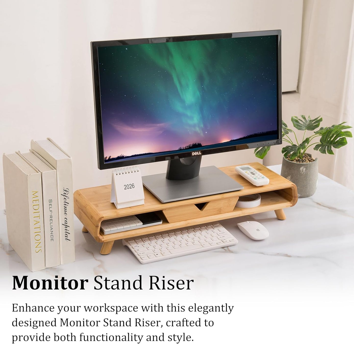 Homerays Monitor Stand with Drawer, Exquisite Computer Monitor Stand for Desk, Ergonomic Wood Monitor Stand Riser for Computer,Laptop,Printer,TV,Bamboo,White