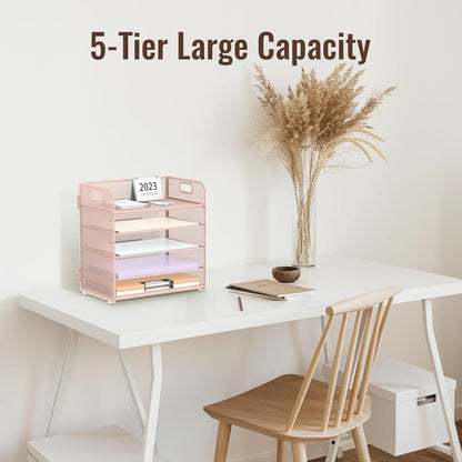 Supeasy 5 Trays Paper Organizer Letter Tray with Handle-Mesh Desk File Holders, Paper Sorter Desk Organizer for Office, Home, Classroom or School, White