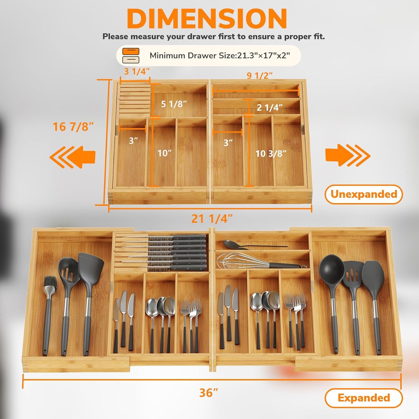 BAMEOS drawer organizer flatware organizer cutlery tray silverware organizer expandable adjustable bamboo drawer organizer kitchen bathroom