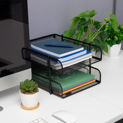 Mind Reader Paper Tray, Desk Organizer, Stackable, Storage, Office, Metal Mesh, 10.5" L x 13.25" W x 7.5" H, Set of 2, Black