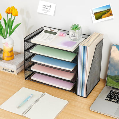 OPNICE Desk Organizer, 5-Tier Paper Organizer Letter Tray with Magazine Holder, Office Desk Accessories & Workspace Organizers, Desktop File Organizer for Office Supplies Storage, Black