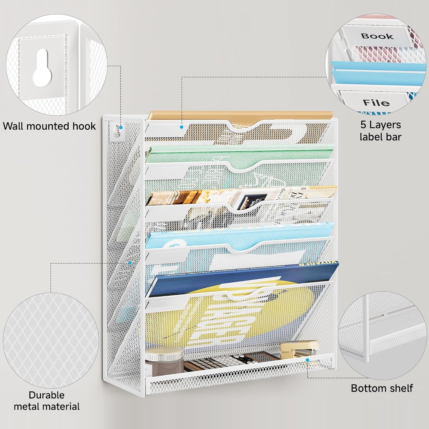 Lavatino 6-Tier Hanging File Organizer, Wall Mount File Holder for Mails Folders Papers Magazine Organization, Vertical Document Organizer for Office Home - (White)