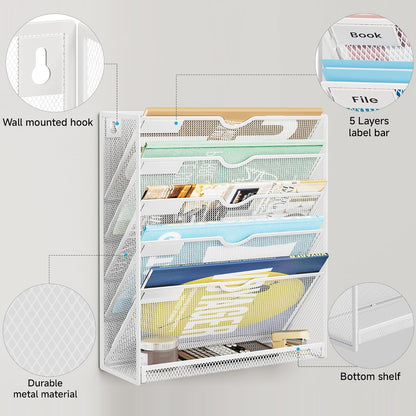 Lavatino 6-Tier Hanging File Organizer, Wall Mount File Holder for Mails Folders Papers Magazine Organization, Vertical Document Organizer for Office Home - (White)
