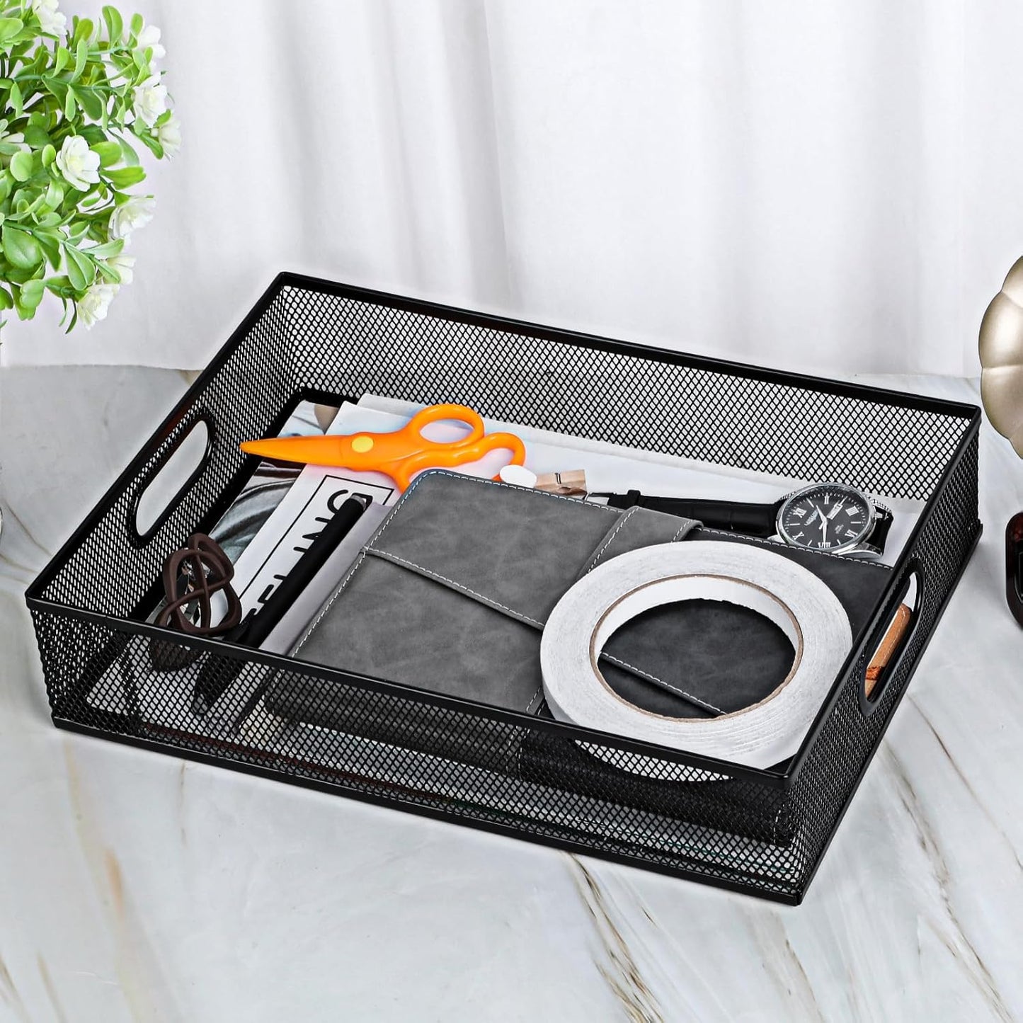 Desk Drawer Organizer, A4 Large Black Mesh Drawer Organizer Portable Desk Paper Letter Mail Basket Tray Versatile Metal Wire Storage Tray with Handle for Home Office Organizing Supplies, 13 X 9 Inches