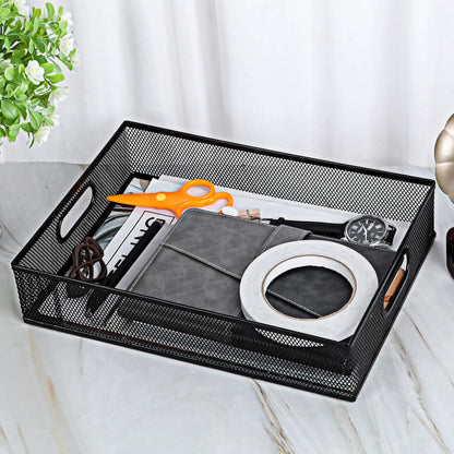 Desk Drawer Organizer, A4 Large Black Mesh Drawer Organizer Portable Desk Paper Letter Mail Basket Tray Versatile Metal Wire Storage Tray with Handle for Home Office Organizing Supplies, 13 X 9 Inches