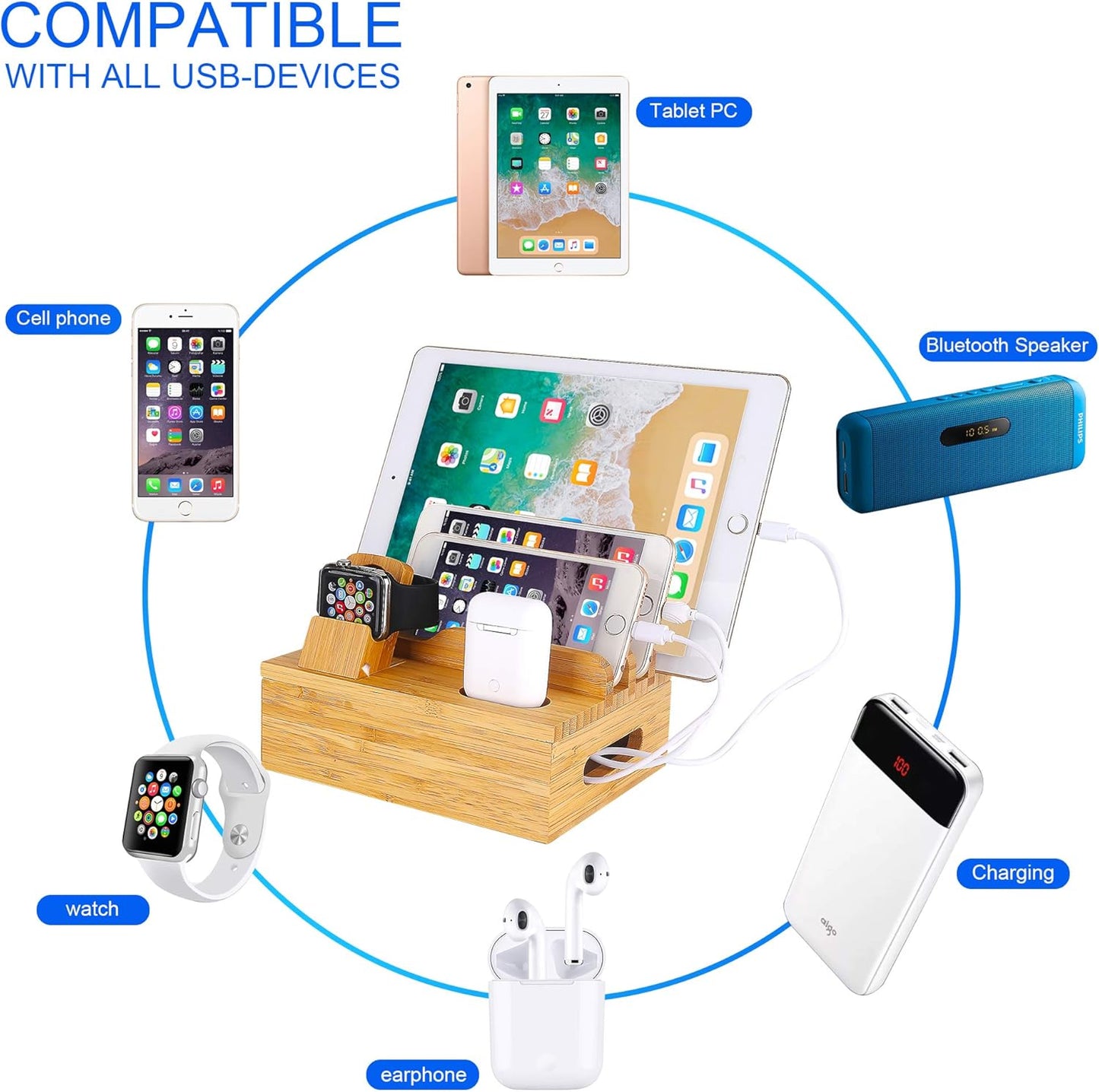 Bamboo Wood Desktop Organizer Charging Docking Station Charger Holder Cradle Charge Stand compatible with iPhone 16 15 Pro Max iPad Apple Watch Ulrta 10 9 8 7 6 5 4 iWatch AirPods Pro 2 3 4 Smartphone