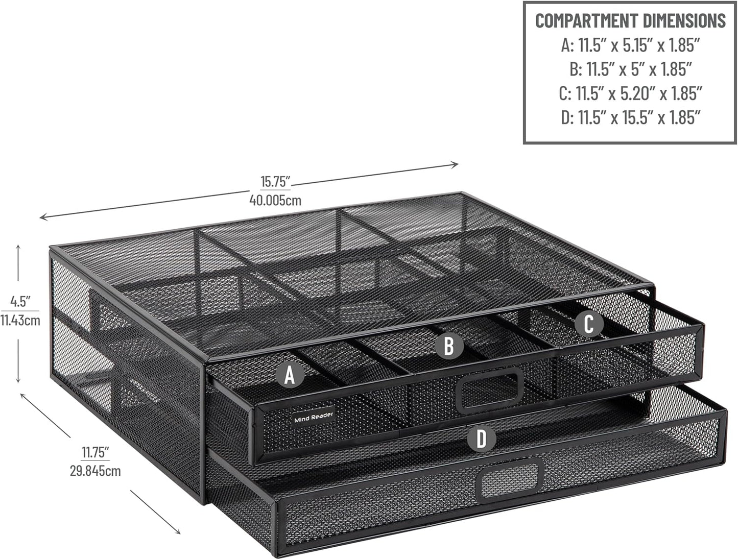 Mind Reader Monitor Stand, Ventilated Laptop Riser, Storage Drawer, Office, Metal Mesh, Black