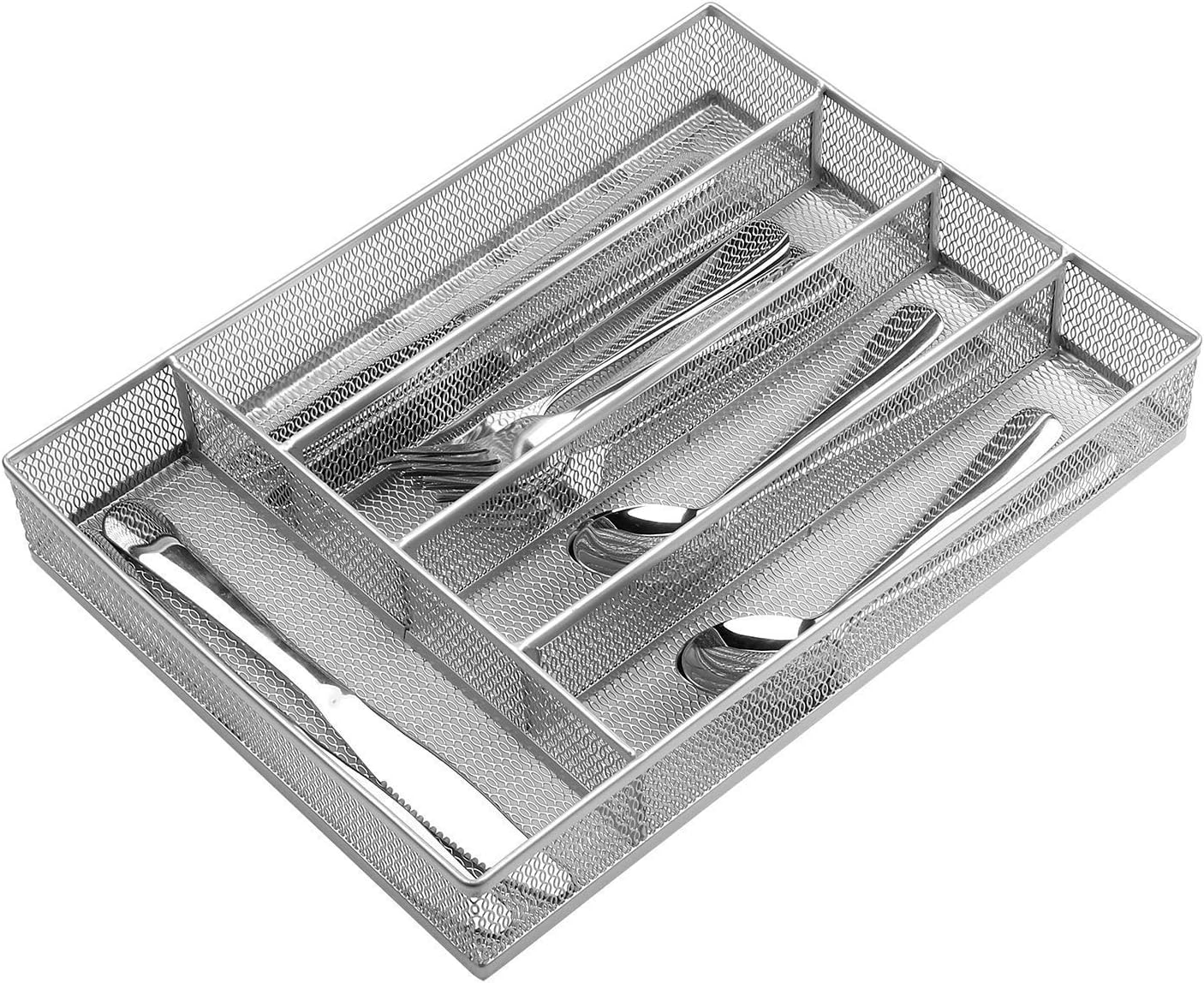 JANE EYRE Utensil Drawer Organizer, Cutlery Tray Silverware Flatware Storage Divider for Kitchen, Mesh Wire with Non-slip Foam Feet, 5 Component, Black