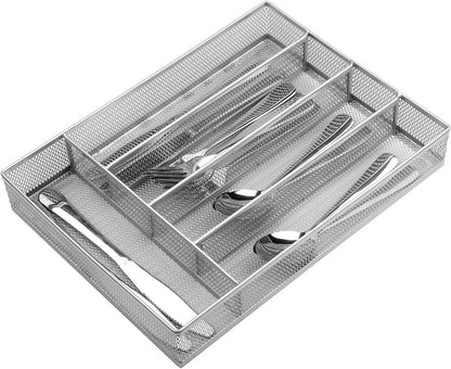 JANE EYRE Utensil Drawer Organizer, Cutlery Tray Silverware Flatware Storage Divider for Kitchen, Mesh Wire with Non-slip Foam Feet, 5 Component, Black