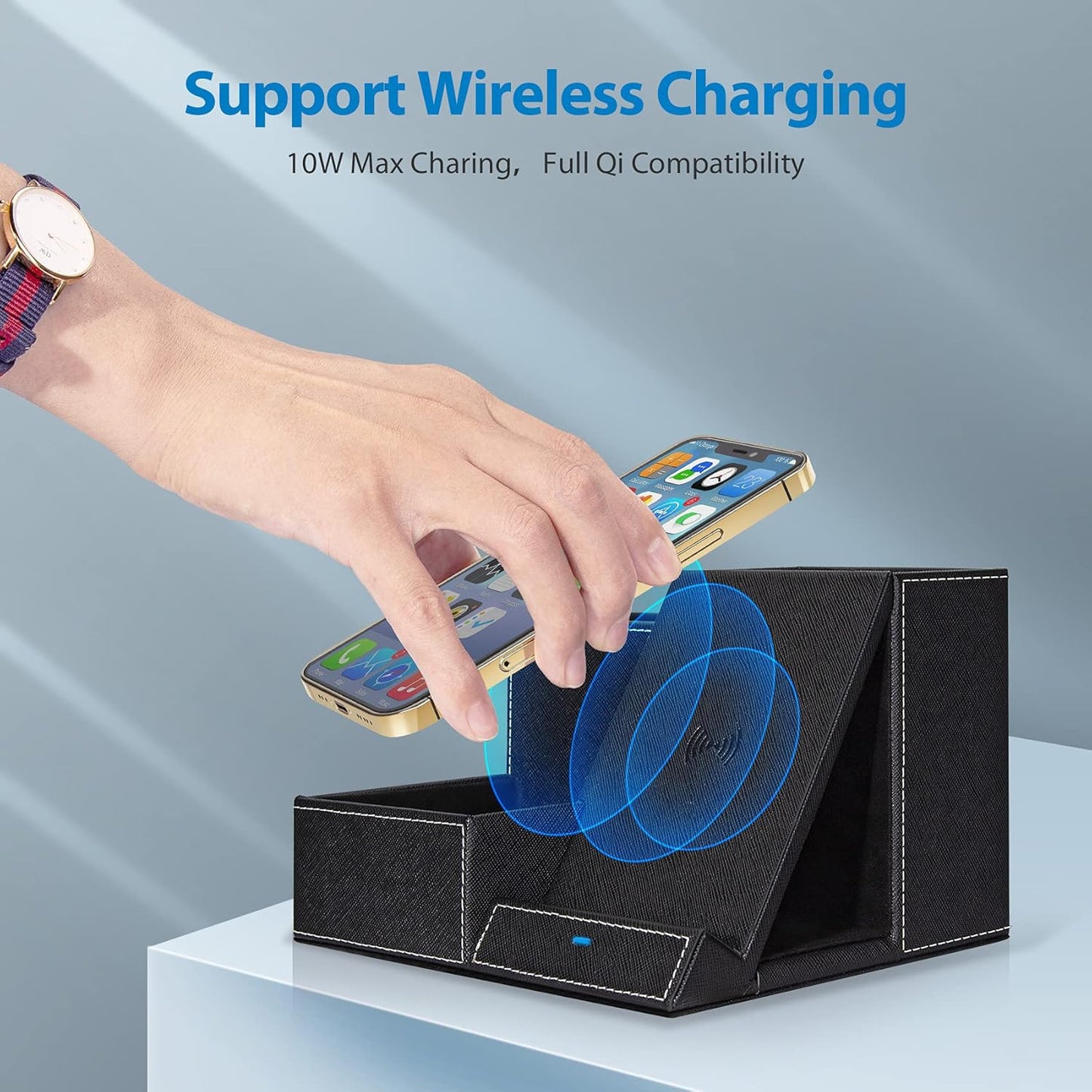 TopMade Wireless Charger with Desk Nightstand Organizer, Leather Pen Pencil Holder Bedside Fast Charging Station, for iphone Charging Stand Office Supplies Desk Accessories, Gifts for Men(Blue)