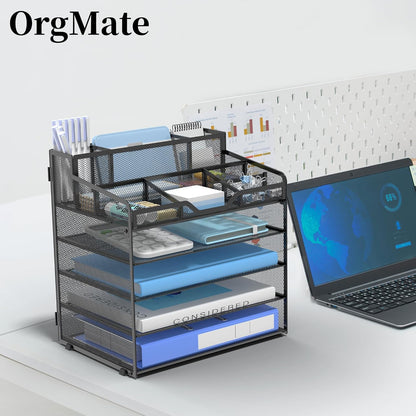 5 Tier Mesh Desk Organizer,Multi Functional Letter Paper Tray with 3 Pen Holders and 5 Adjustable Storage Compartments for Office Supplies Files and Mail Space Saving Desktop Organizer-Black