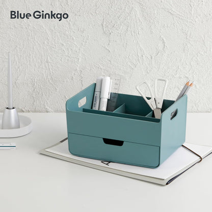 BLUE GINKGO Compact Desk Organizer – Small 5-Compartment, Half Drawer Storage – Pen Holder, Stationery Organizer for Desktop, Vanity, Shelf (Made in Korea, Green)