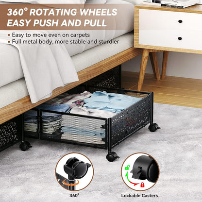 PHINOX Under Bed Storage Containers with Wheels, Under Bed Shoe Storage Organizer Drawer, Tool-free Assembly Metal Storage Containers for Bedroom Clothes Shoes Blankets -2PCK