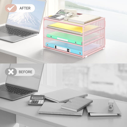 Lavatino 3-Tier Letter Tray Desk Paper Organizer – Black Mesh Metal File Tray Organizer for Desk, Office Supplies & Home Organization | Fits A4/Letter Paper, Mail, Magazines and Office Accessories