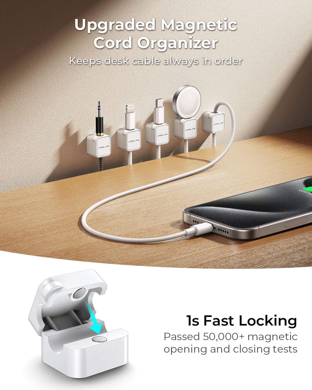 10Pack 2026 Upgraded Cord Organizer Magnetic Cable Clips [1s Lock] MRGLAS Cable Holder Office Desk Accessories with 4 Extra Strong Adhesive Pads, Wire Keeper for Nightstand Desktop Wall Car