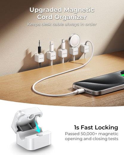 10Pack 2026 Upgraded Cord Organizer Magnetic Cable Clips [1s Lock] MRGLAS Cable Holder Office Desk Accessories with 4 Extra Strong Adhesive Pads, Wire Keeper for Nightstand Desktop Wall Car