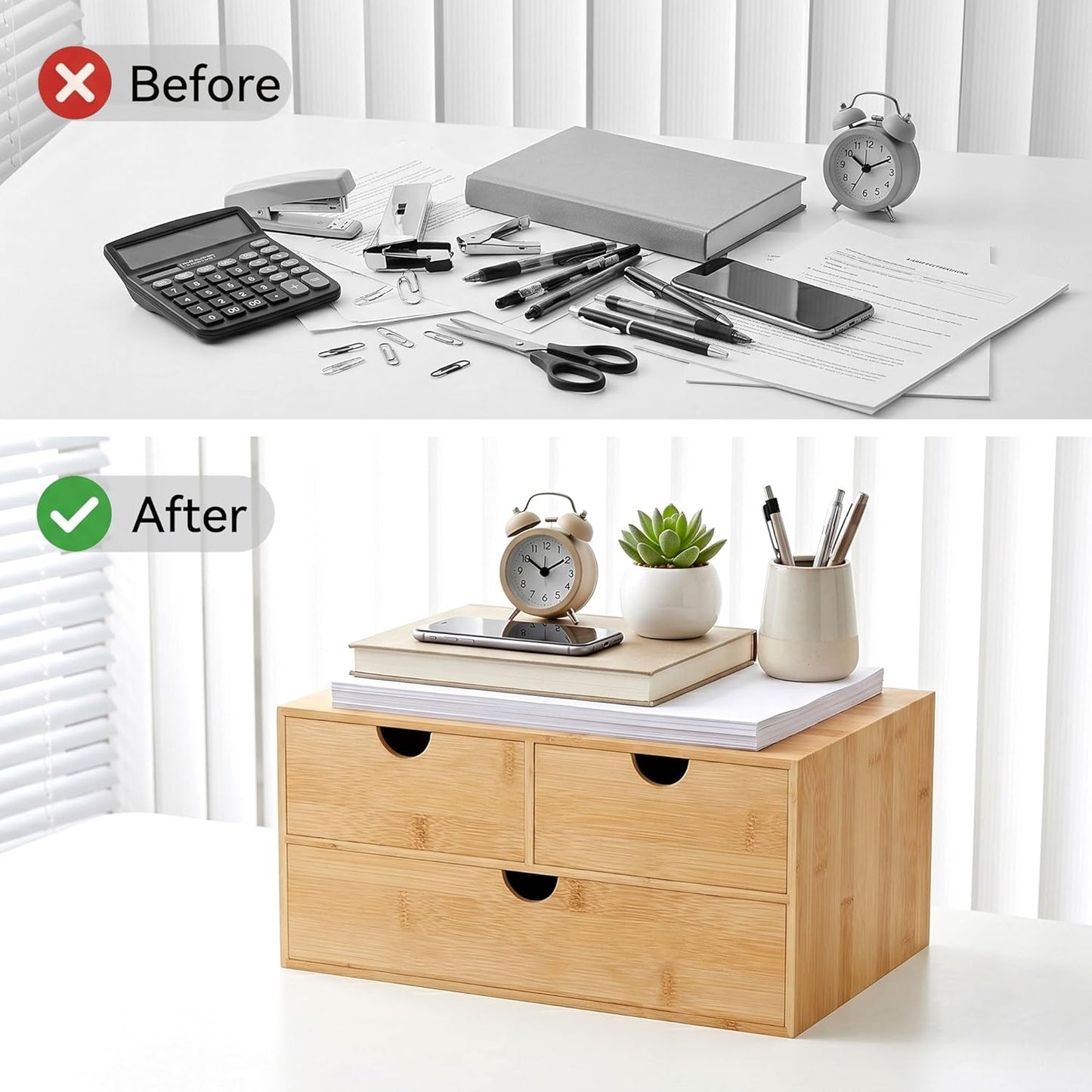 Desk Organizer with Drawers - Bamboo Desktop Organizer Storage | Wood Desk Drawers Organizer for Bills, Office Supplies, Cosmetics, Seals No Assembly Required (3 Drawer with Big Drawer)