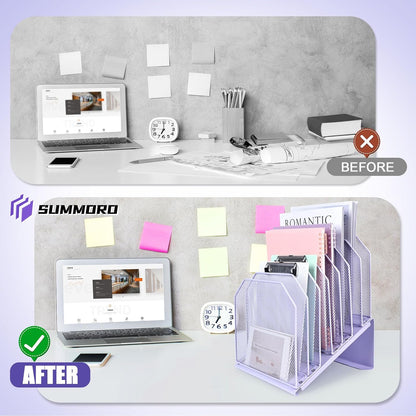 SUMMORO Inclined File Organizer for Desk, 7-Section Vertical File Folder Holder Office Desk Organizer Metal Rack File Wire Mesh Desktop Document Sorter for Office School Classroom Home (Black)