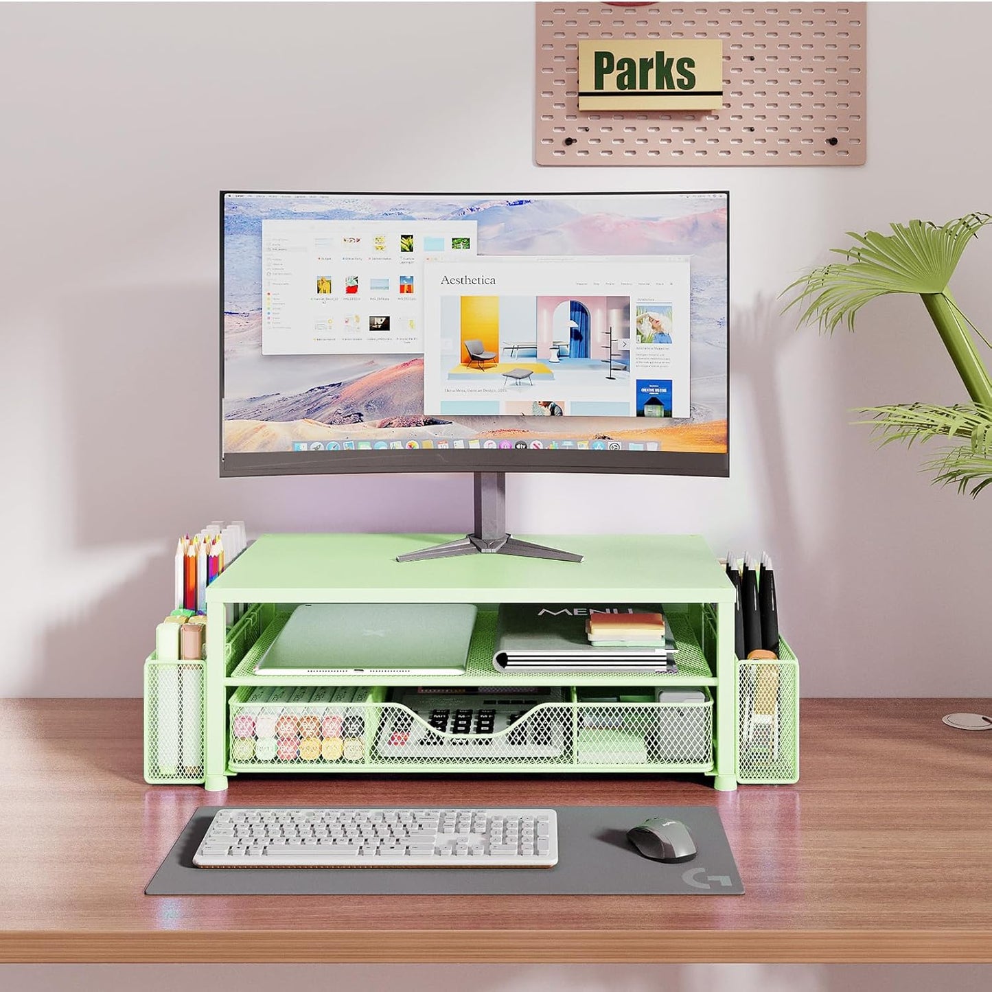 OPNICE Desk Organizers and Accessories, Computer Monitor Stand Riser with Drawer and 2 Pen Holders, Printer & Laptop Stand, Office Desk Accessories & Workspace Organizers for Home Office Supplies, Black