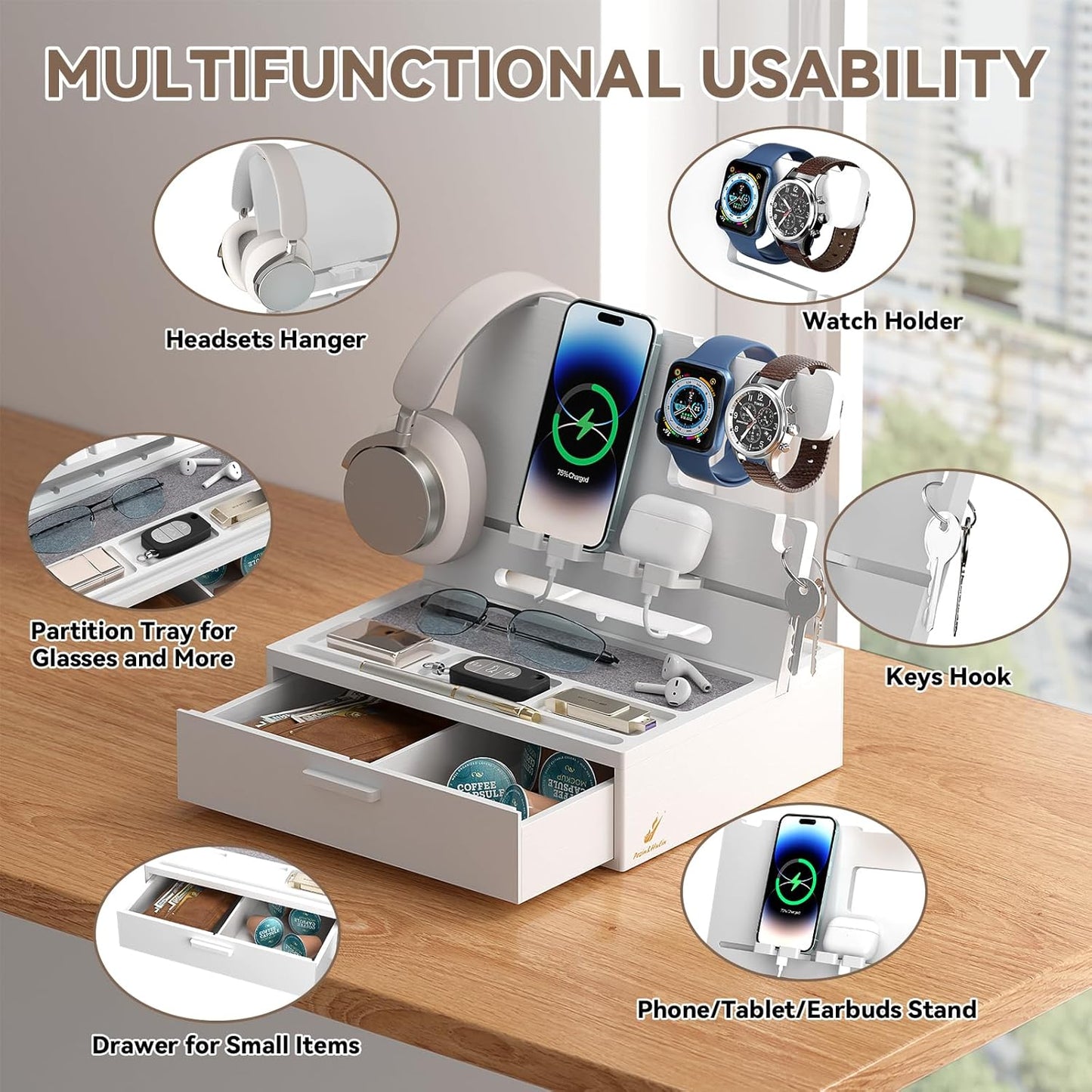 Pezin & Hulin Wooden Charging Station, Bedside Nightstand Tray, with Spacious Drawer, Felt Pads for Phones, Watch, Idea Gifts for Him Birthday, Son, Christmas for Papa Fathers Day (Nature)