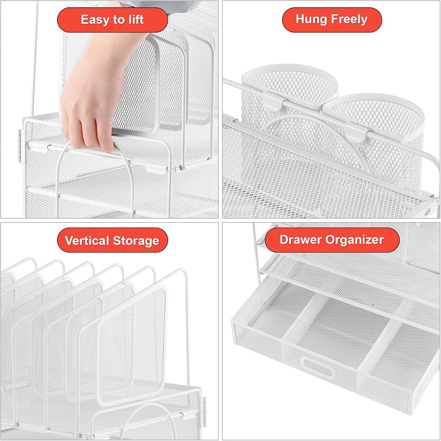 Marbrasse Desk Organizer with Drawer, 4-Tier Mesh File Organizer with 5 Vertical File Holders and 2 Pen Holders, Multifunction Desktop Organizer,Desk Organizers and Accessories for Home Office